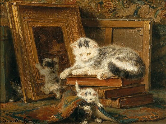 A cat painting showing a white and grey striped cat on books while kittens play with a rug and picture frame.