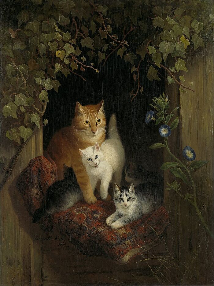 A 19th-century cat painting featuring a family of cats, an orange cat and white cat surrounded by kittens, in a rustic setting. A charming cat painting.