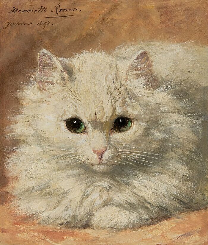 A detailed 19th-century cat painting of a fluffy white cat with piercing green eyes, looking directly ahead.