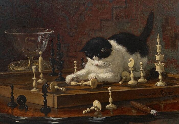A 19th-century cat painting depicting a black and white cat playfully swatting at chess pieces on a wooden board.