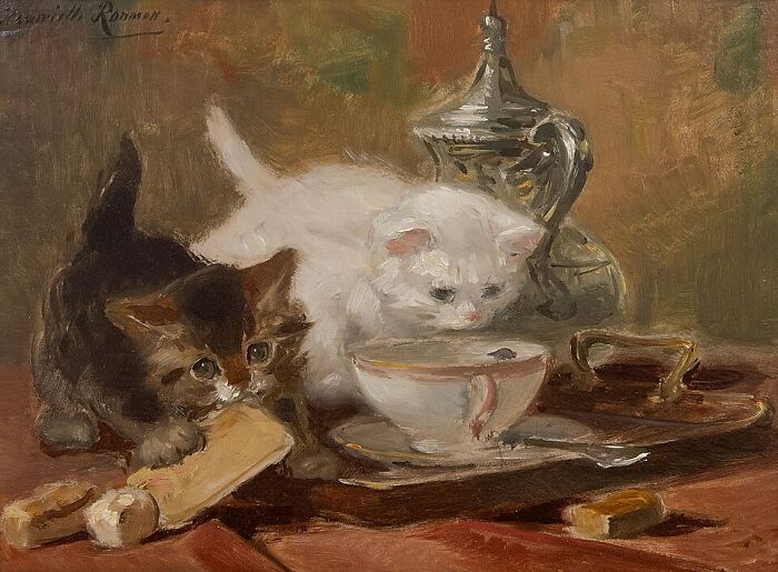 Artist's cat paintings: Two kittens, one white and one tabby, playing around a teacup and silver teapot in a 19th-century painting.