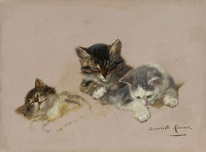 Artist's cat paintings: Three adorable kittens sleeping and resting in a 19th-century painting.