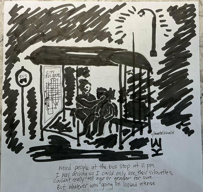 These People Having Some Sort Of Intense Interaction In A Dark Bus Shelter