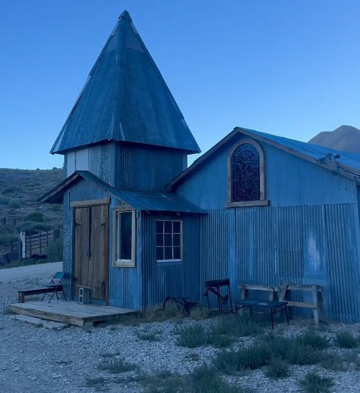Blue metal chapel in Cerro Gordo, an abandoned ghost town Blue metal chapel in Cerro Gordo, an abandoned ghost town
