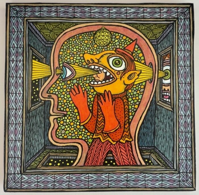 Theo Ellsworth artwork of a figure in a box with eyes projecting beams to the sides and a dotted background
