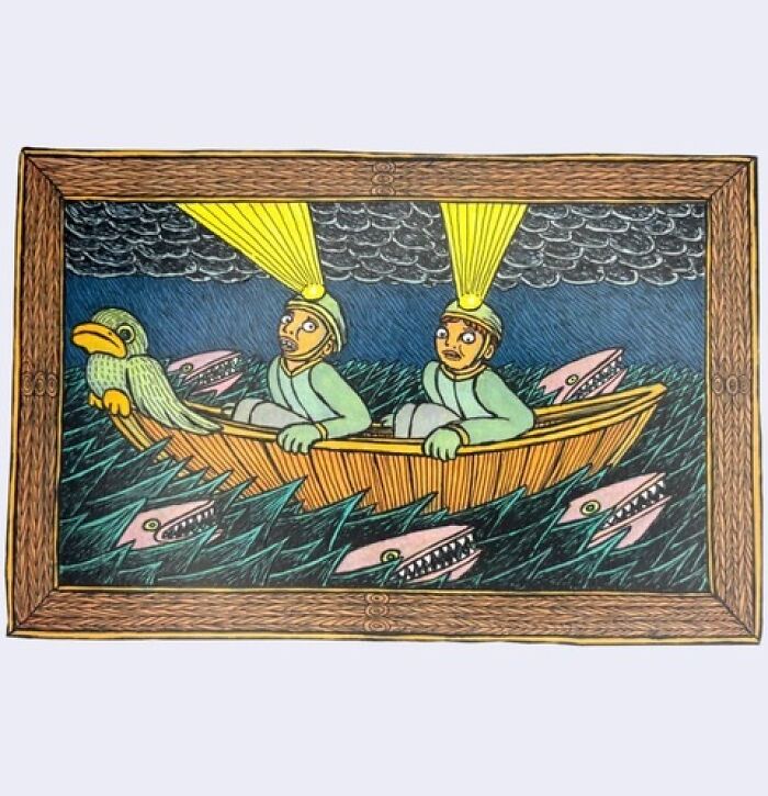 Theo Ellsworth painting of two explorers with headlamps in a boat surrounded by shark-like creatures