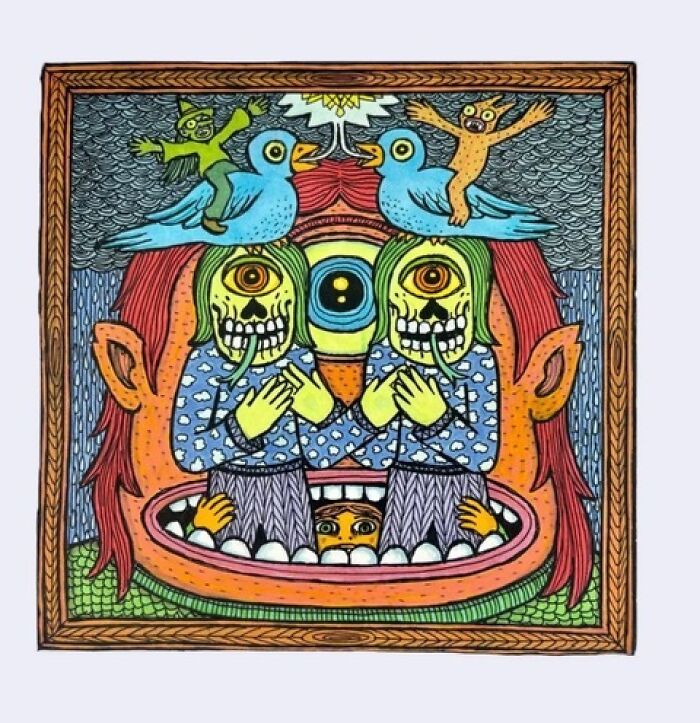 Whimsical Theo Ellsworth art showing a face with double-eyed figures and birds in a vibrant frame
