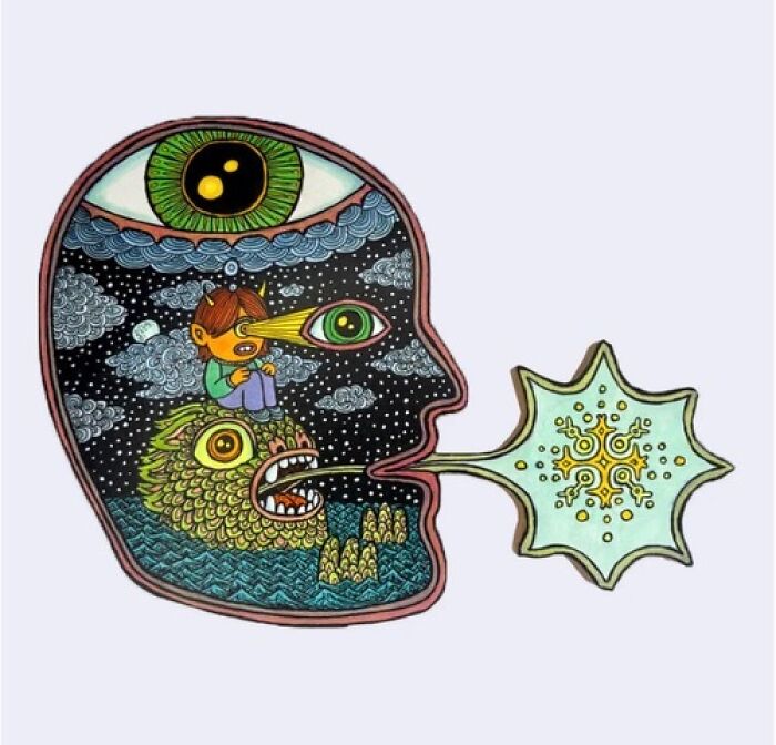Colorful surreal face art with cosmic elements and a character projecting an eye, Theo Ellsworth style