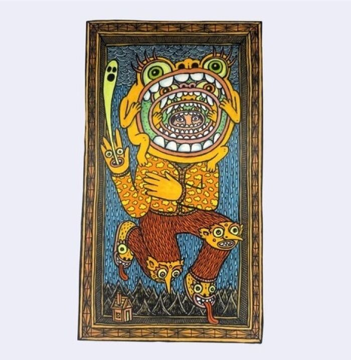 Theo Ellsworth whimsical figure with multiple faces and hands in vibrant surreal style