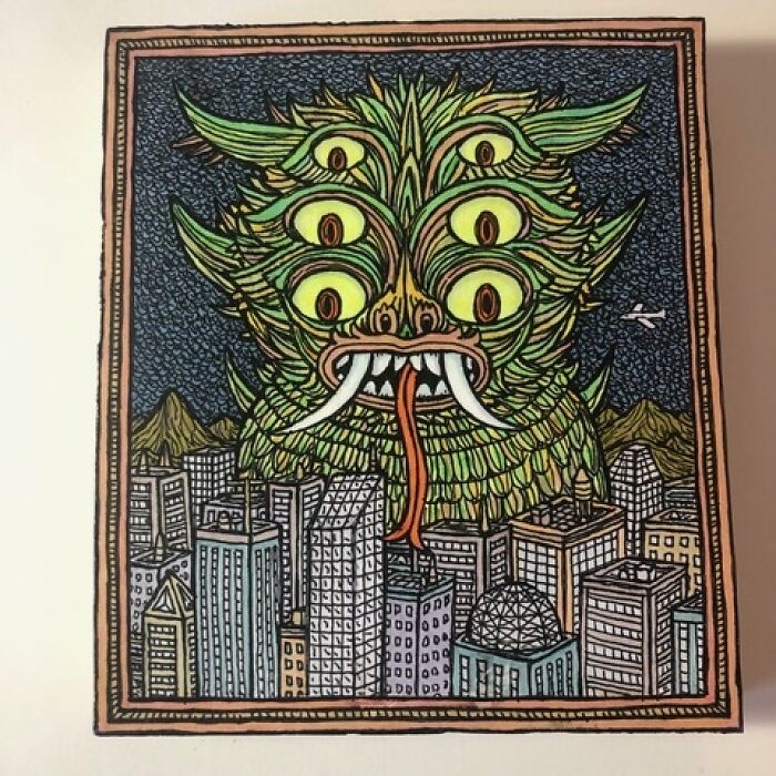 Theo Ellsworth green multi-eyed monster looming over cityscape with detailed buildings