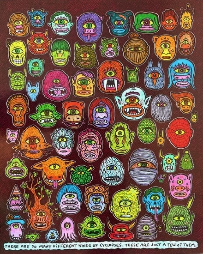 Theo Ellsworth collection of diverse colorful cyclops faces on dark background