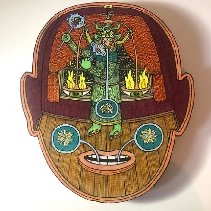 Theo Ellsworth green armored figure with multiple arms and flames in surreal mask