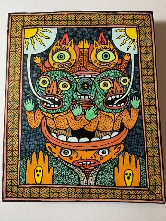 Theo Ellsworth colorful surreal creatures with eyes and mouths in intricate pattern