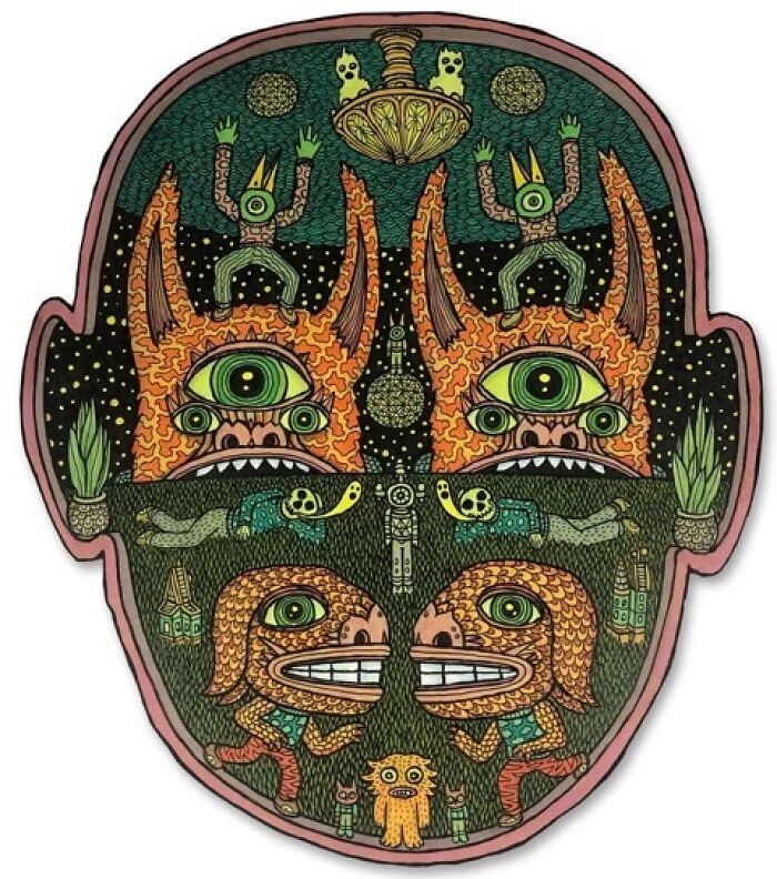 Theo Ellsworth surreal symmetrical illustration of a face with multiple eyes and tiny figures