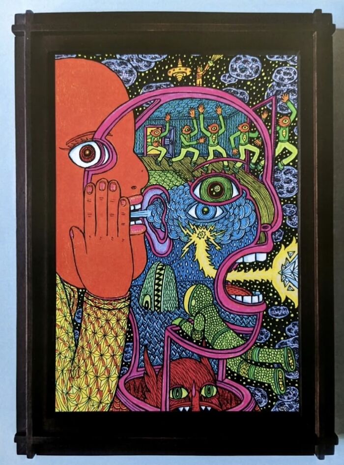 Theo Ellsworth psychedelic artwork with layered faces and vibrant colors in a black frame