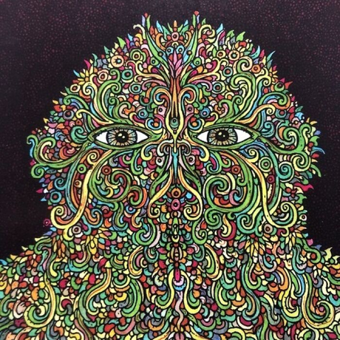 Intricate colorful face composed of swirling patterns and eyes by Theo Ellsworth