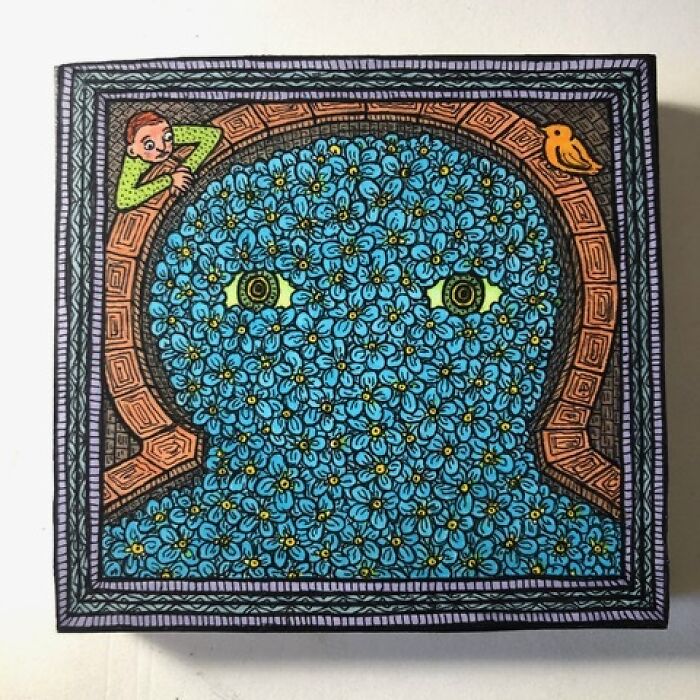 Theo Ellsworth painting of a face made of blue flowers with a small person and bird
