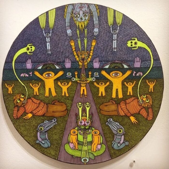 Theo Ellsworth artwork with surreal figures and multiple eyes in colorful circular design