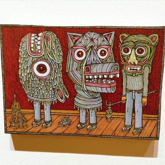 Theo Ellsworth painting of three whimsical animal-headed characters on red background