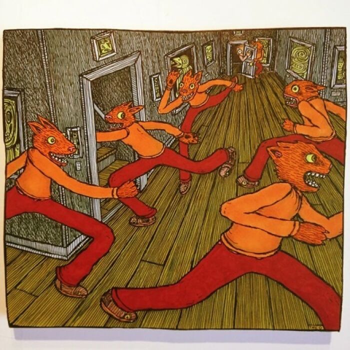 Theo Ellsworth drawing of orange fox-like figures running in hallway