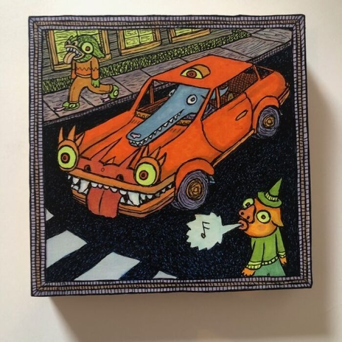Theo Ellsworth artwork of orange car with animal face and characters