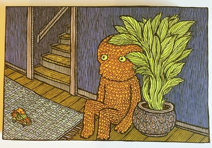 Theo Ellsworth illustration of orange textured creature by stairs and plant