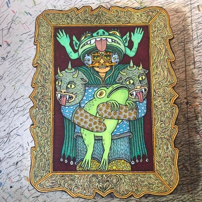 Theo Ellsworth artwork of a figure holding a large green frog with two-headed horned creatures in ornate frame