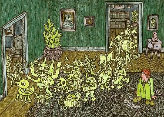 Theo Ellsworth illustration of a room filled with whimsical robotic and monster characters with a seated person watching