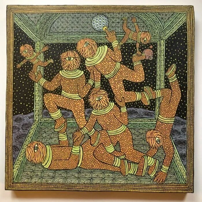 Theo Ellsworth painting of multiple orange figures with one eye each posing dynamically in a starry night setting