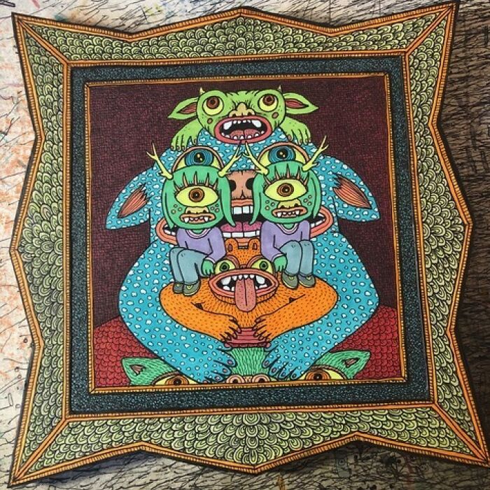 Theo Ellsworth drawing of layered green and blue creatures with big eyes and detailed backgrounds