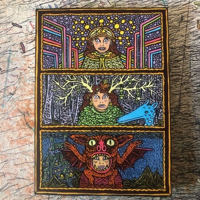 Theo Ellsworth art with three panels showing surreal figures and creatures in colorful patterns