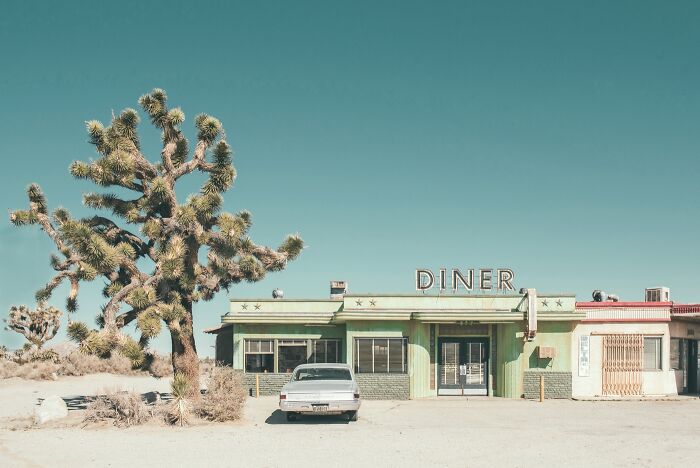 Joshua tree beside a vintage diner and car in the American West, showing the dusty remnants of a bygone era.