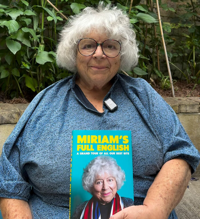 Harry Potter star, Miriam Margolyes, holding her book, Miriam's Full English, after her remark about skin. Harry Potter star, Miriam Margolyes, holding her book, Miriam's Full English, after her remark about skin.