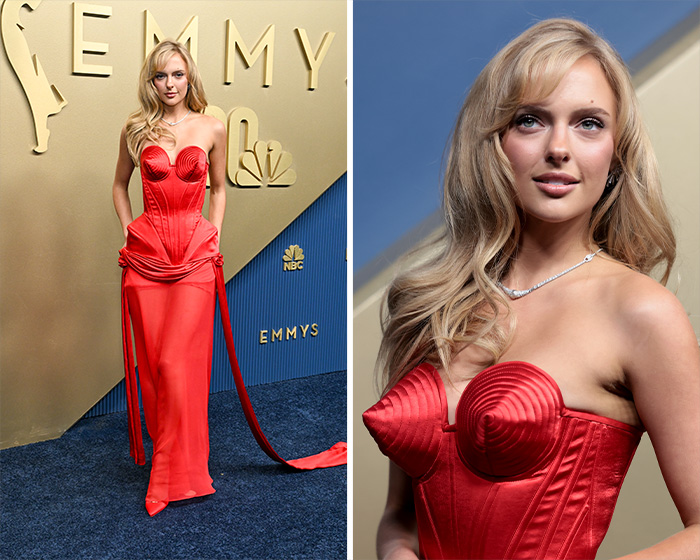 Model wearing a red corset gown with a long skirt, among the worst dressed stars at the 2026 Emmys.
