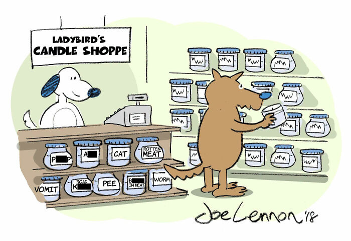 A Joe Lennon comic of a wolf shopping at a candle shoppe with unusual scents, highlighting awkward moments and unexpected punchlines.