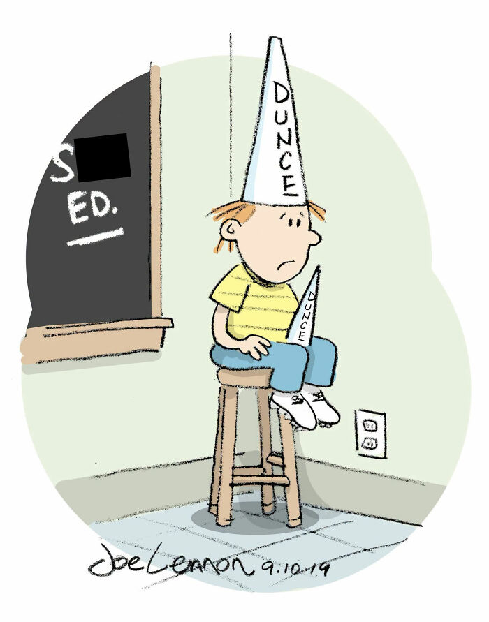 A Joe Lennon comic showing a boy in a d***e cap sitting on a stool, representing awkward moments and unexpected punchlines.