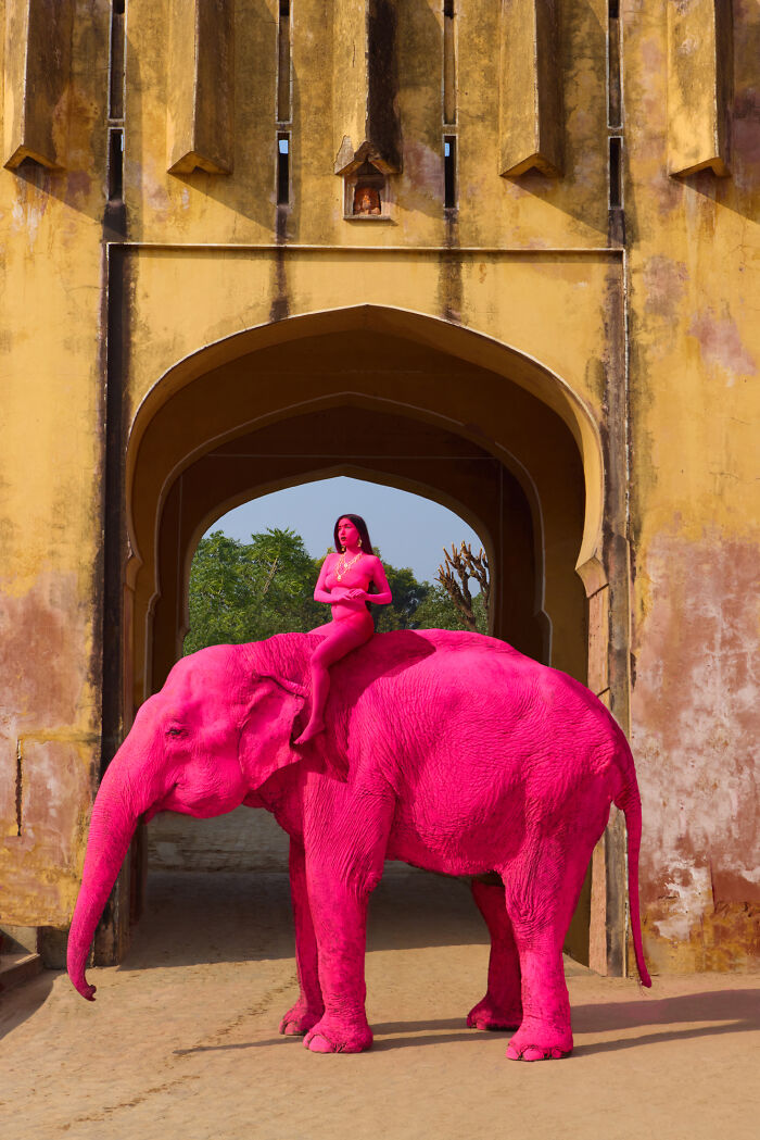 Surreal photo of a woman painted pink riding a pink elephant at architectural archway