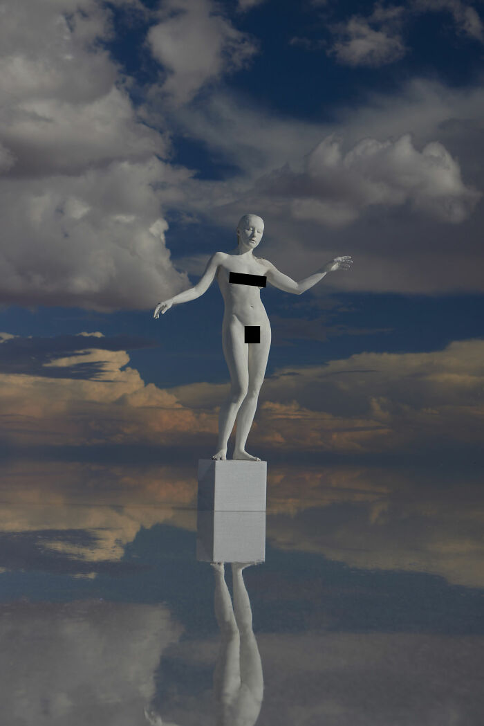 Surreal art expedition photo of white statue on pedestal reflecting in water under cloudy sky