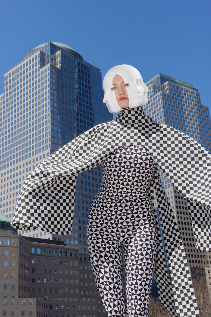 Art expedition surreal portrait of woman in checkered outfit with three-faced mask