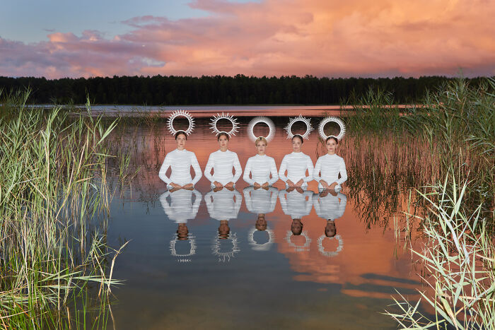 Surreal art expedition photo of five women meditating in water at sunset with decorative halos