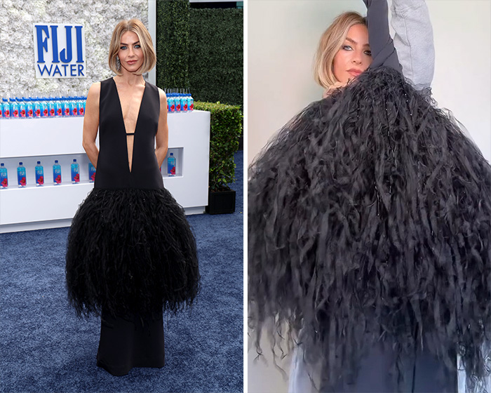 Julianne Hough's elaborate black feathery gown, among the worst dressed stars at the 2026 Emmys.