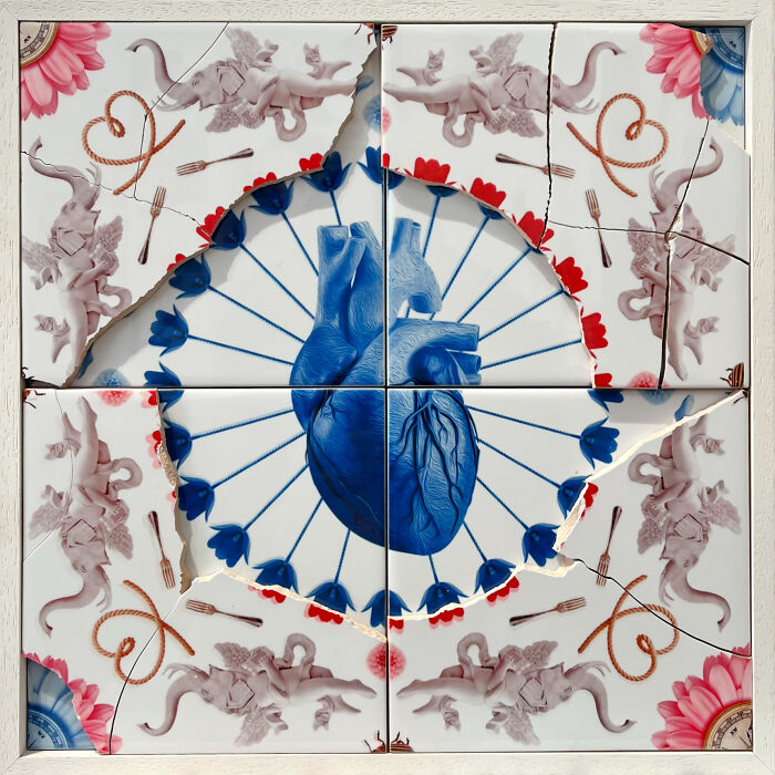 Decorative tile works featuring blue anatomical heart and angel cherubs