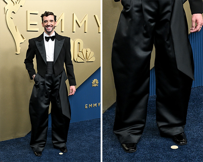 A star in a worst dressed outfit at the 2026 Emmys, wearing an ill-fitting tuxedo with oversized, baggy black satin pants.