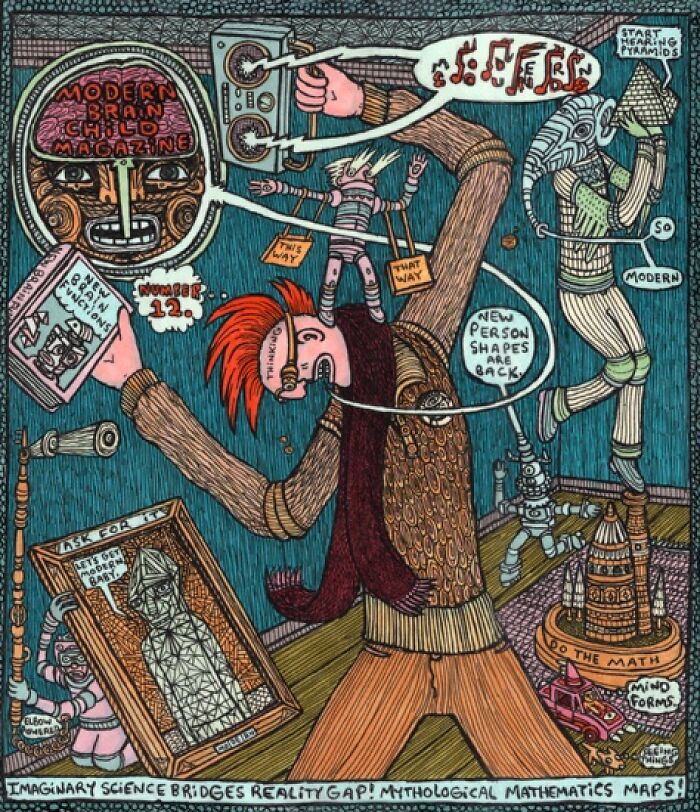 Surreal scene with person, musical notes, and mythological symbols by Theo Ellsworth