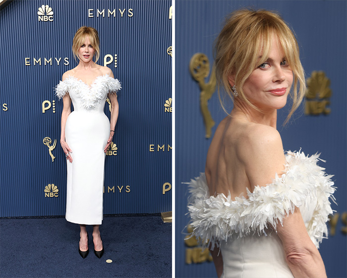 Worst Dressed Stars at the 2026 Emmys: Nicole Kidman in a white off-the-shoulder dress with feathery details.