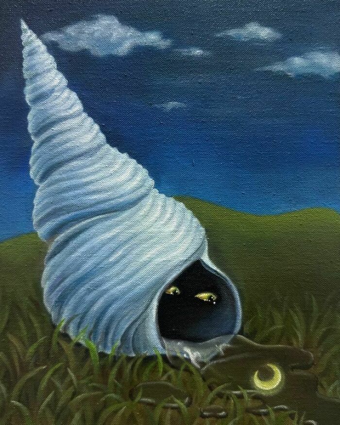 A black cat with glowing yellow eyes peers from a spiral shell in a surreal moment under a moonlit sky.