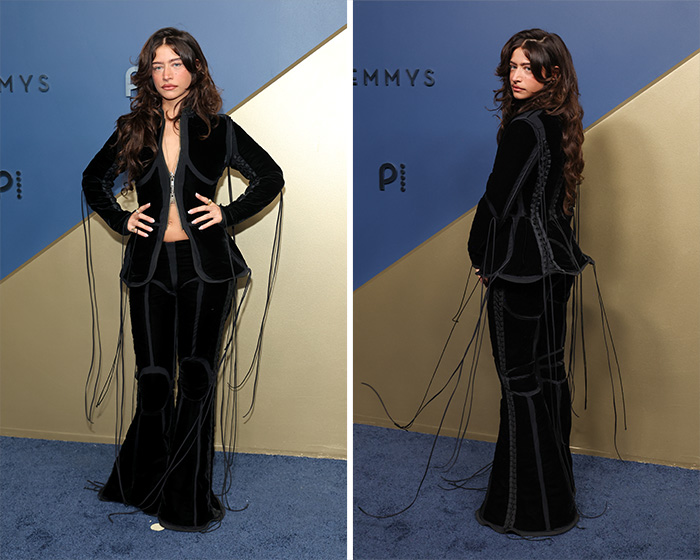 Worst Dressed Stars at the 2026 Emmys: A celebrity wearing a black velvet suit with multiple hanging strings.