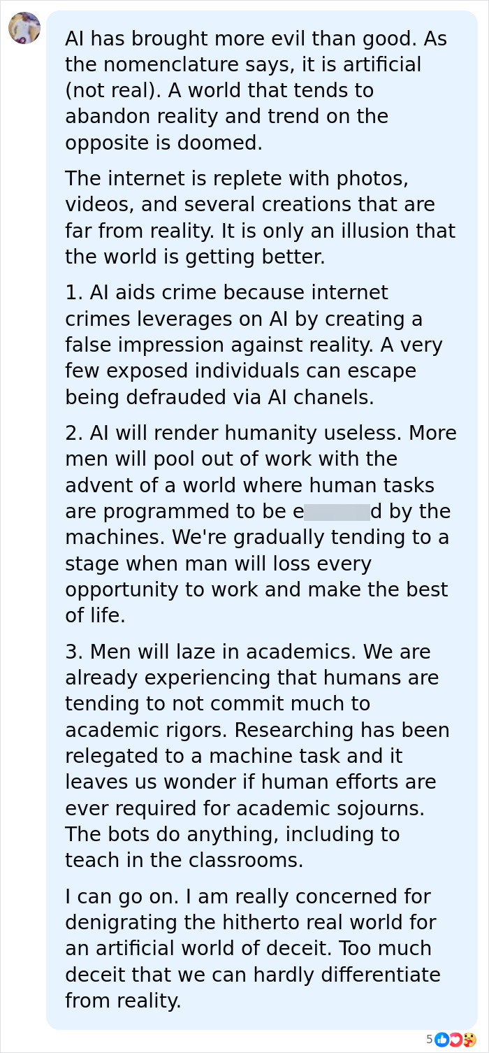 An extensive social media comment detailing concerns about AI, including its impact on work and reality. An extensive social media comment detailing concerns about AI, including its impact on work and reality.