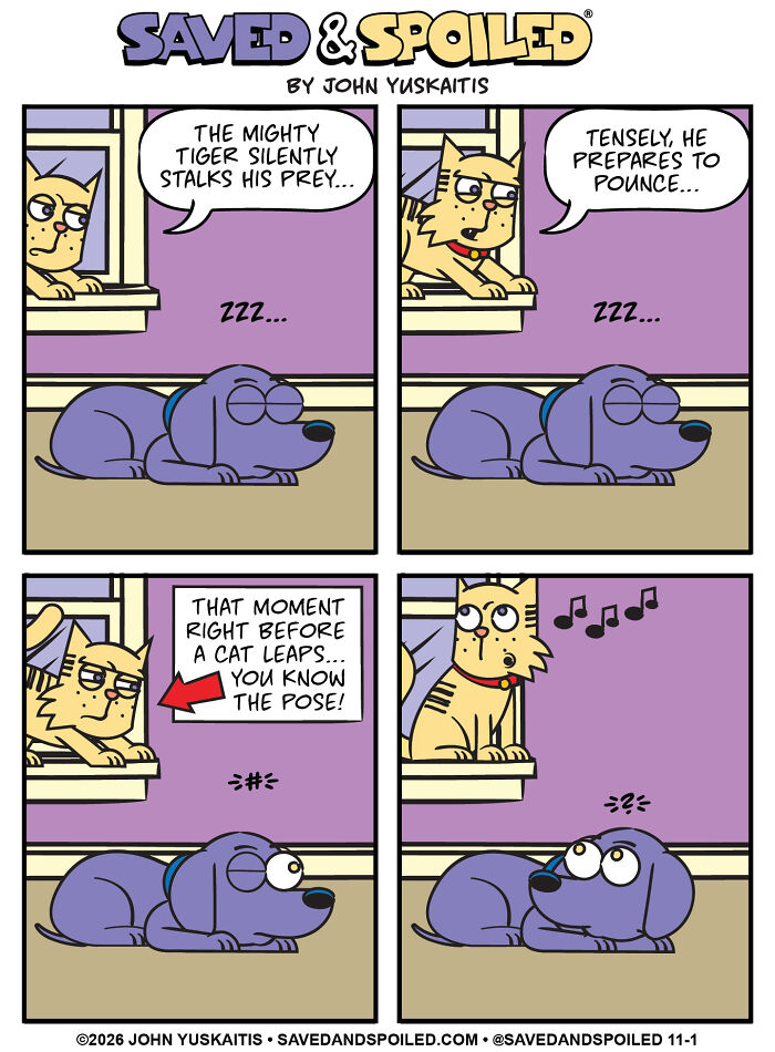 Cat stalking and preparing to pounce while dog sleeps in dog and cat comics