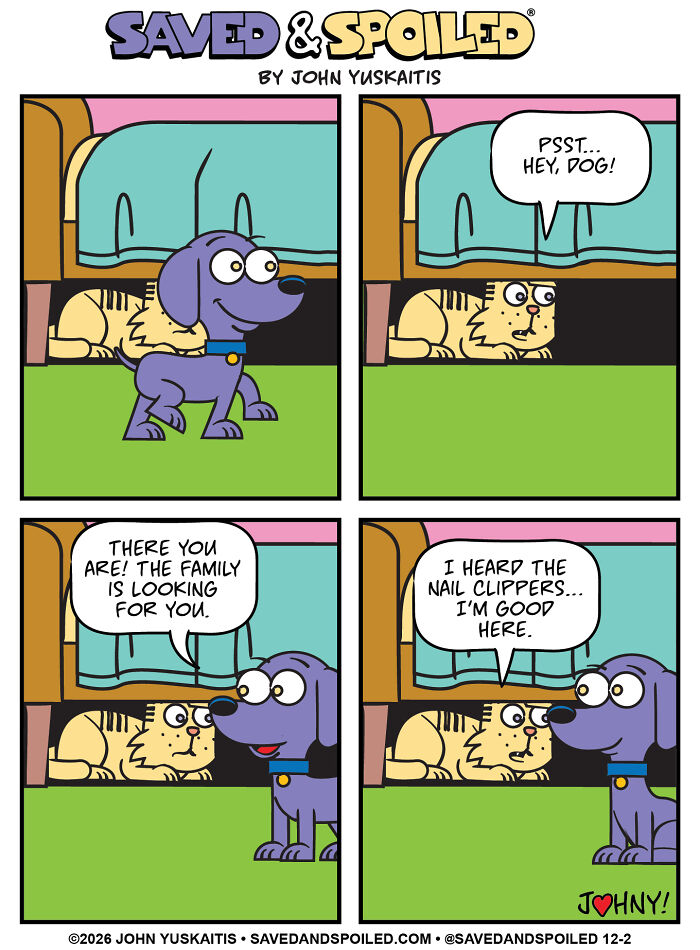 Cat hiding from dog under bed in pet comics about my dog and cat differences